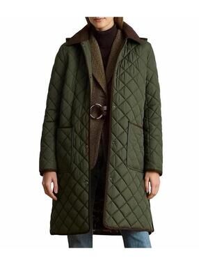 New Lauren Ralph Lauren Diamond Quilted Hooded Coat In Olive Size S $220
